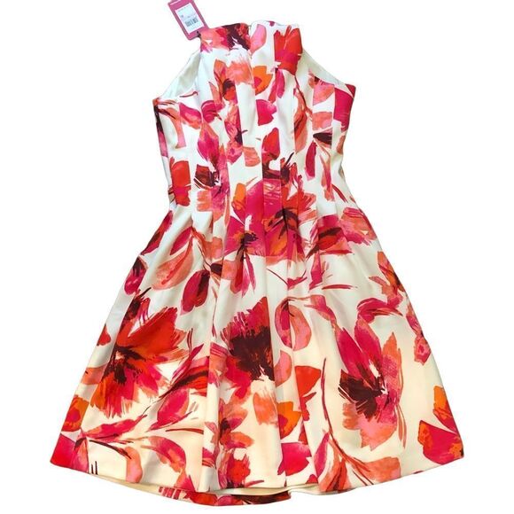 VINCE CAMUTO White Floral Fully Lined Pintuck Dress With Full Skirt Sz 6 - Picture 4 of 12